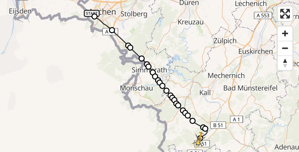 Flugroute Ambulanzhubschrauber Aachen - Dahlemer Binz Airfield, 26 Februar 2026, 18:47