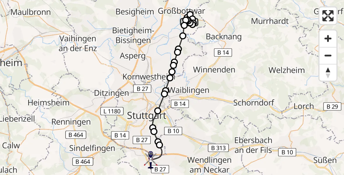 Flugroute Polizeihubschrauber Steinheim an der Murr - Stuttgart Airport, 26 Februar 2026, 18:54