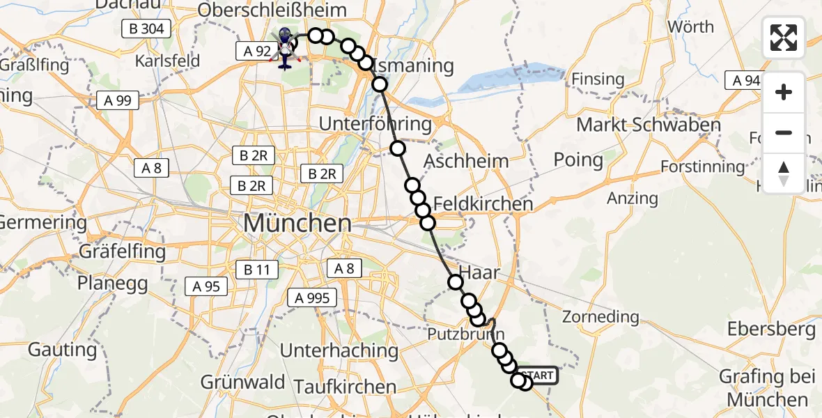 Flugroute Polizeihubschrauber Harthausen - Oberschleißheim, 26 Februar 2026, 20:30