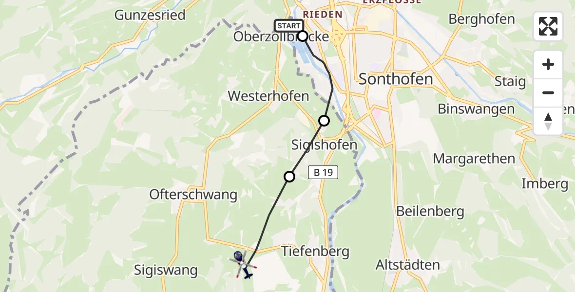 Flugroute Polizeihubschrauber Oberzollbrücke - Tiefenberg, 26 Februar 2026, 21:37