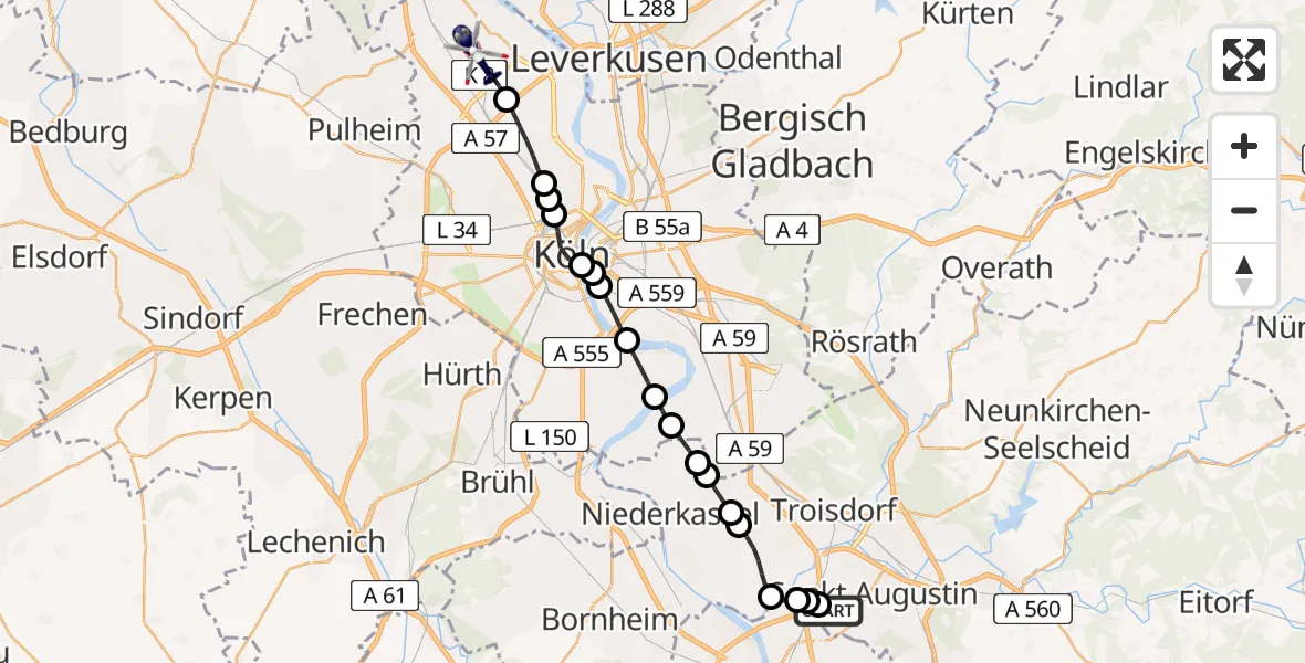 Flugroute Polizeihubschrauber Sankt Augustin - Chorweiler, 26 Februar 2026, 21:49