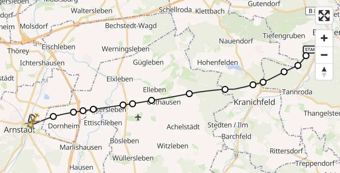 Flugroute Ambulanzhubschrauber DRF Rescue Station Bad Berka Heliport - Arnstadt, 27 Februar 2026, 00:35