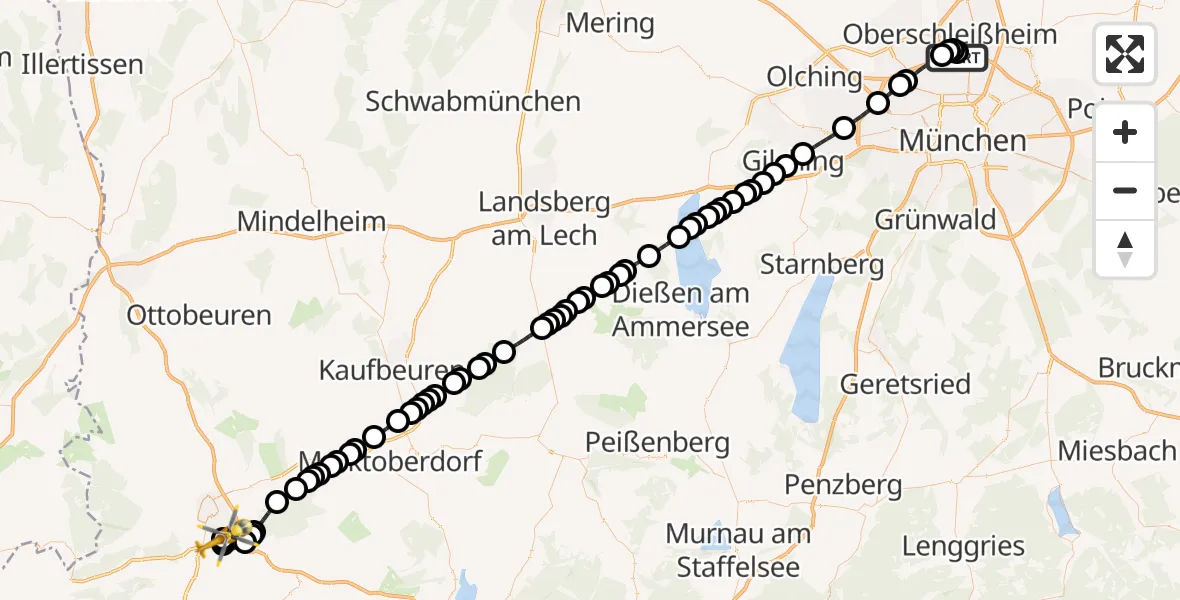 Flugroute Rettungshubschrauber Oberschleißheim - Kempten-Durach Airfield, 27 Februar 2026, 04:50