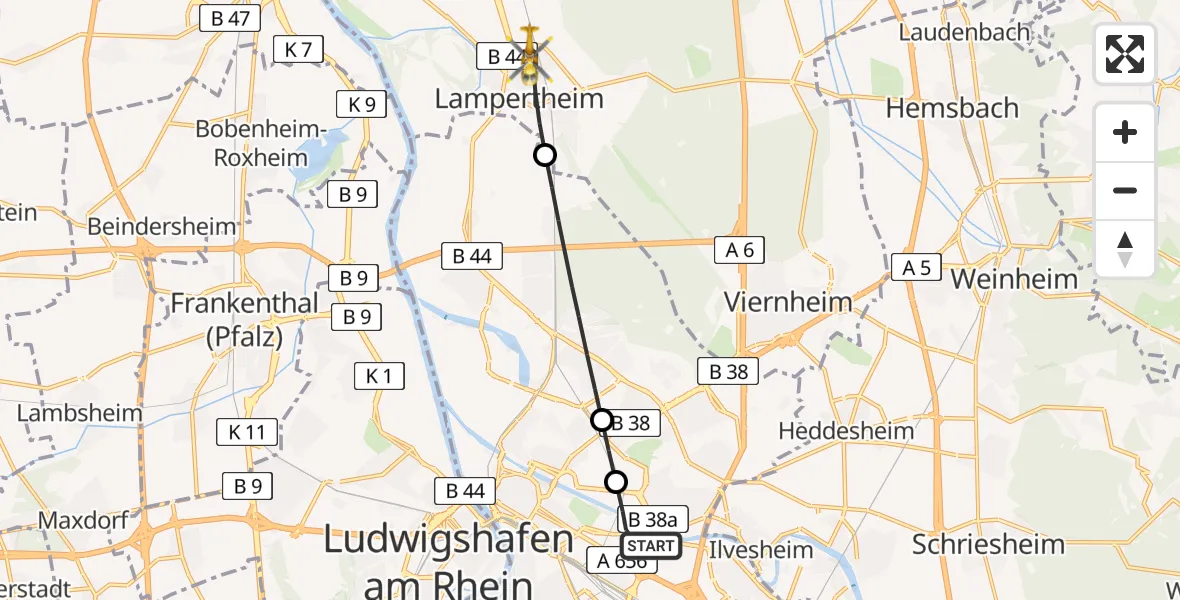 Flugroute Rettungshubschrauber Mannheim-City Airport - Lampertheim, 27 Februar 2026, 06:11