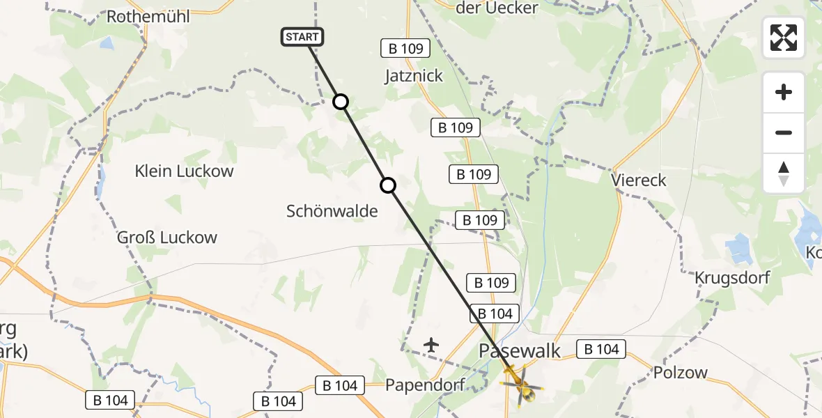 Flugroute Rettungshubschrauber Rothemühl - Pasewalk, 27 Februar 2026, 06:35