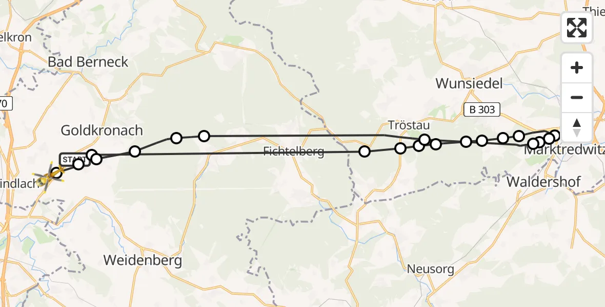 Flugroute Rettungshubschrauber Dressendorf - Bayreuth Airport, 27 Februar 2026, 06:56