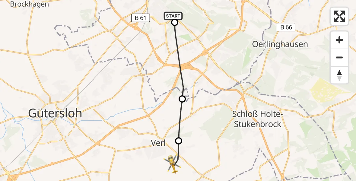 Flugroute Rettungshubschrauber Luftrettungszentrum Bielefeld - Verl, 27 Februar 2026, 07:10