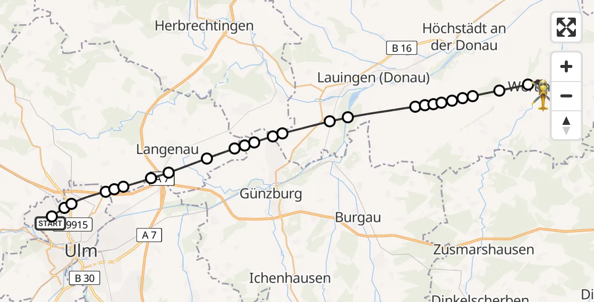 Flugroute Rettungshubschrauber ADAC Air Rescue Station Ulm (Christoph 22) - Wertingen, 27 Februar 2026, 07:26