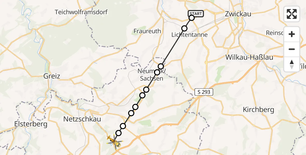 Flugroute Rettungshubschrauber ADAC Air Rescue Station Zwickau Heliport - Reichenbach, 27 Februar 2026, 07:41