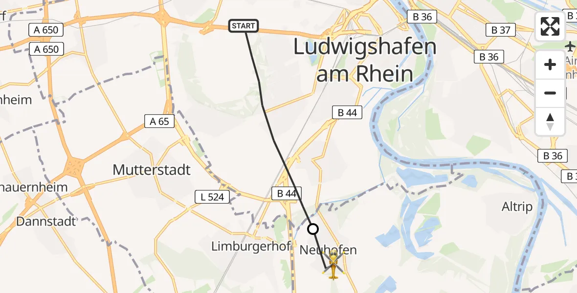 Flugroute Rettungshubschrauber Ludwigshafen am Rhein - Neuhofen, 27 Februar 2026, 07:42