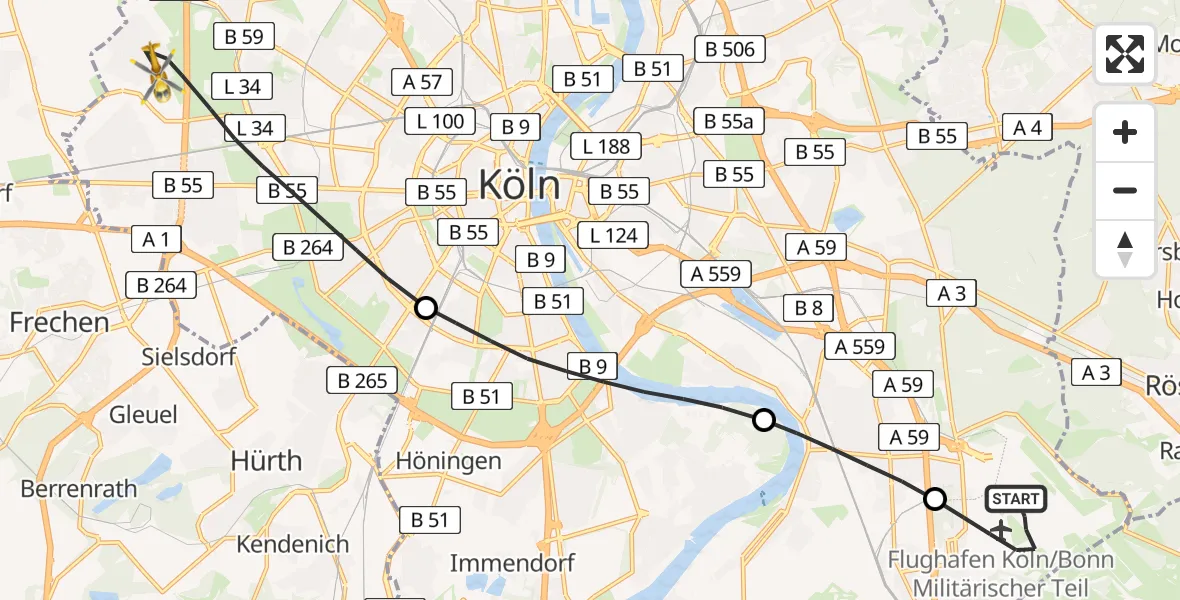 Flugroute Rettungshubschrauber Cologne Bonn Airport - Lindenthal, 27 Februar 2026, 07:43