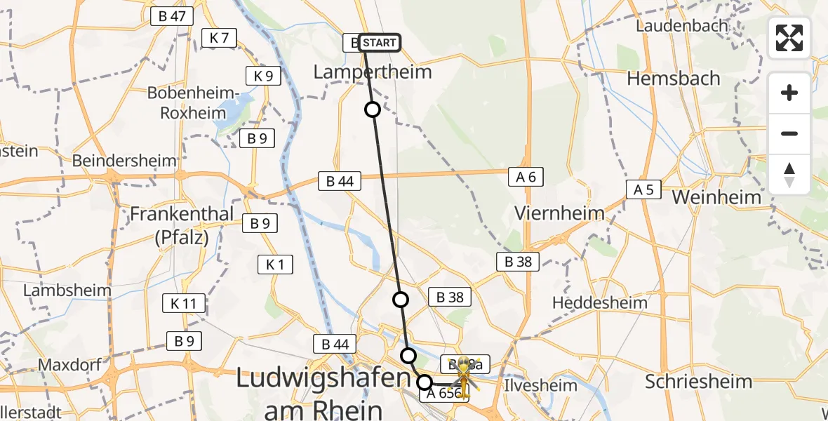 Routekaart van de vlucht: Rettungshubschrauber nach Mannheim-City Airport