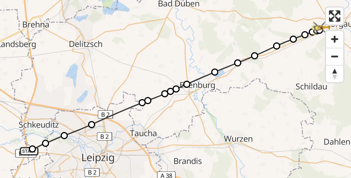 Flugroute Rettungshubschrauber ADAC Air Rescue Station Leipzig/Schkeuditz-Dölzig Heliport (Christoph 61) - Torgau, 27 Februar 2026, 07:47