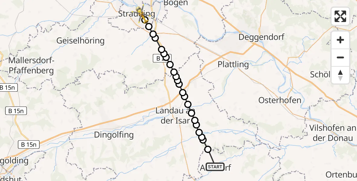 Flugroute Rettungshubschrauber Arnstorf - Straubing, 27 Februar 2026, 08:08