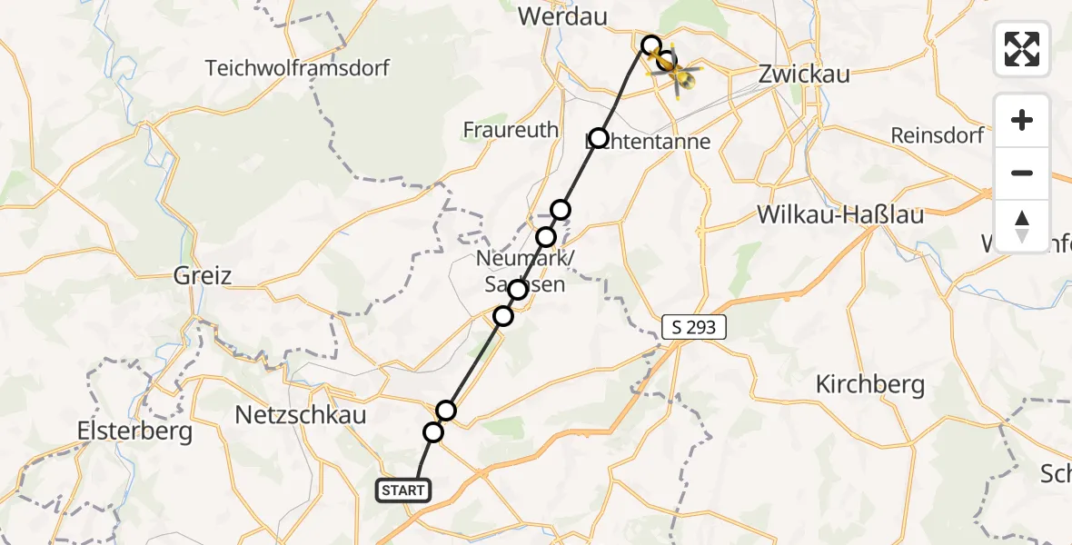 Flugroute Rettungshubschrauber Reichenbach - ADAC Air Rescue Station Zwickau Heliport, 27 Februar 2026, 08:19
