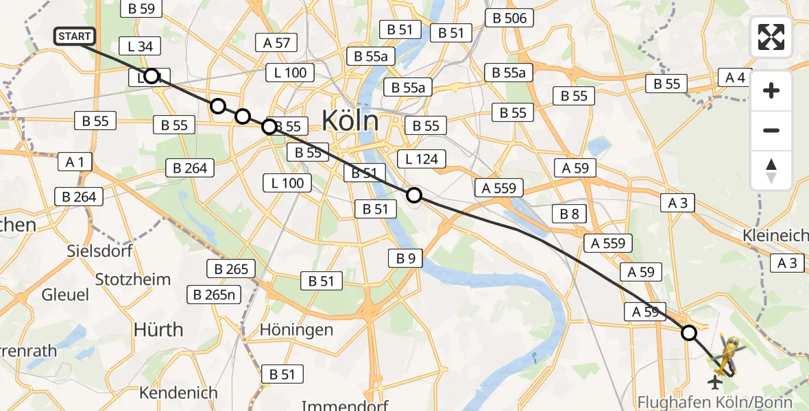 Flugroute Rettungshubschrauber Lindenthal - Cologne Bonn Airport, 27 Februar 2026, 08:22