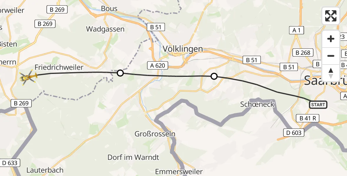 Flugroute Rettungshubschrauber Saarbrücken - Wadgassen, 27 Februar 2026, 08:25