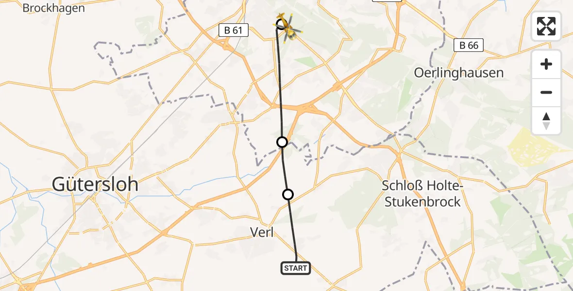 Flugroute Rettungshubschrauber Verl - Luftrettungszentrum Bielefeld, 27 Februar 2026, 08:29