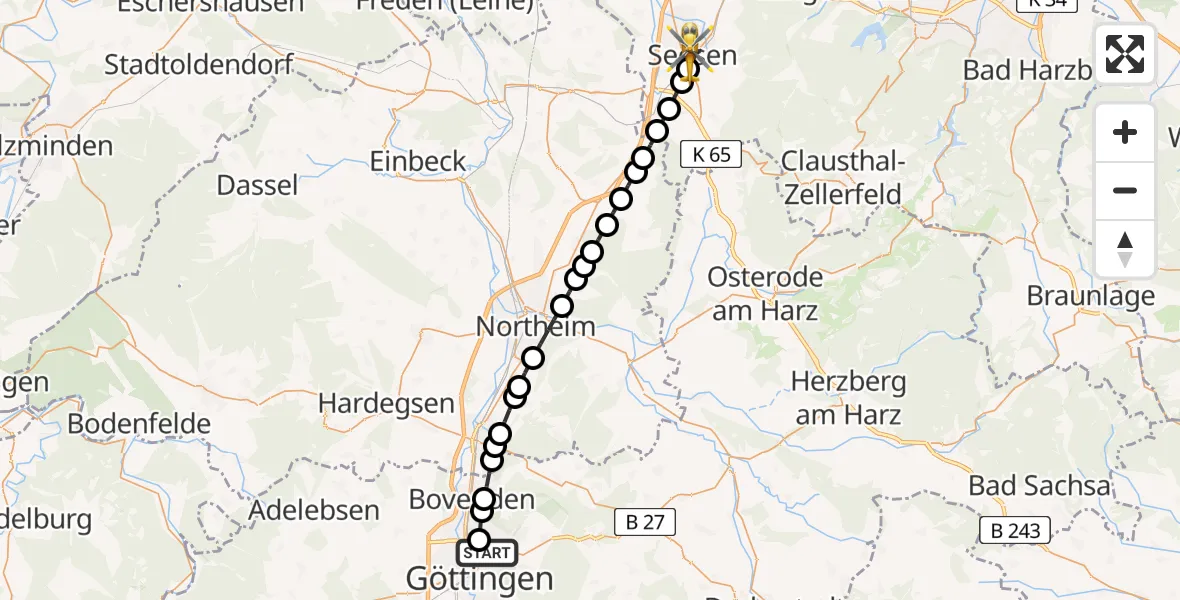 Flugroute Rettungshubschrauber Göttingen University Clinic Heliport - Seesen, 27 Februar 2026, 08:37
