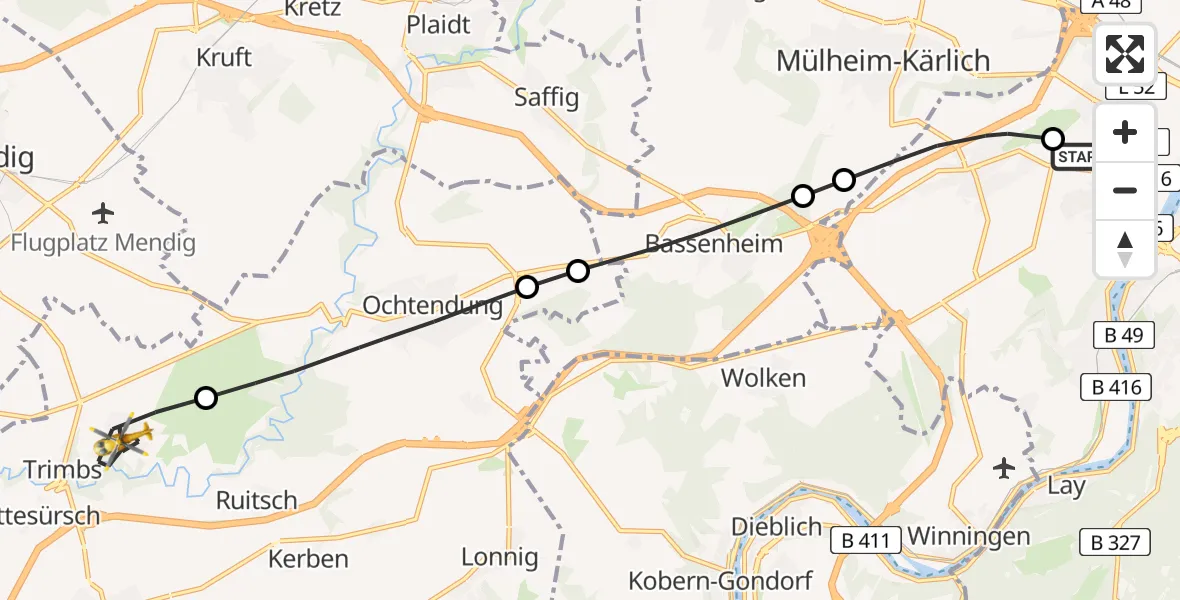 Flugroute Rettungshubschrauber Bubenheim - Welling, 27 Februar 2026, 08:46