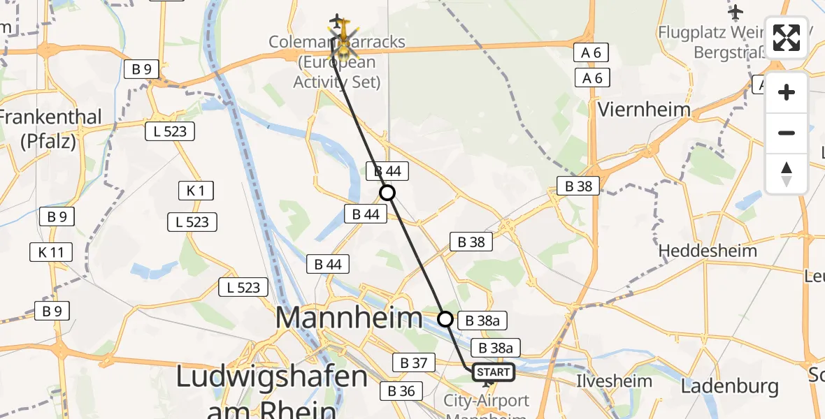 Flugroute Rettungshubschrauber Mannheim-City Airport - Mannheim, 27 Februar 2026, 08:46