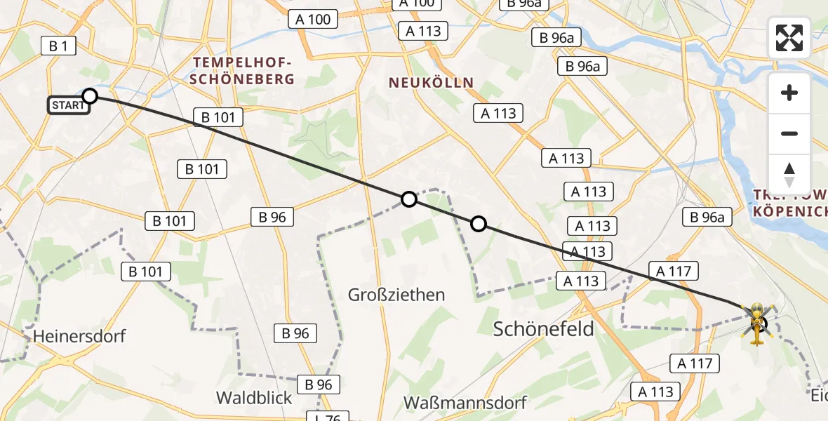 Flugroute Rettungshubschrauber Charité Clinic Benjamin Franklin Campus Heliport - Waltersdorf, 27 Februar 2026, 08:53