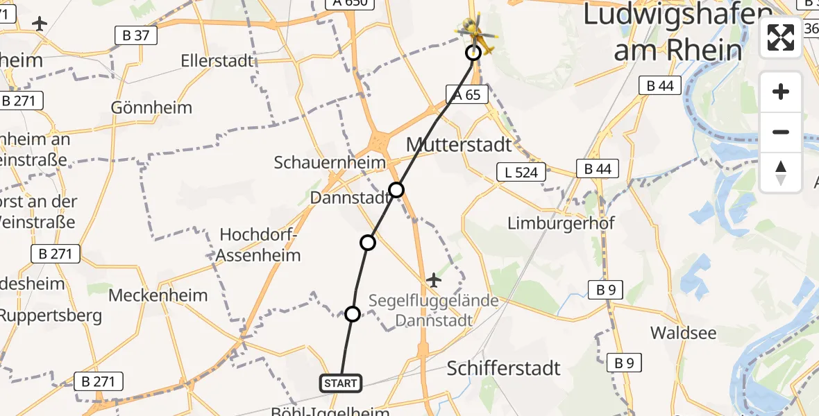 Flugroute Rettungshubschrauber Böhl-Iggelheim - Ludwigshafen am Rhein, 27 Februar 2026, 08:55