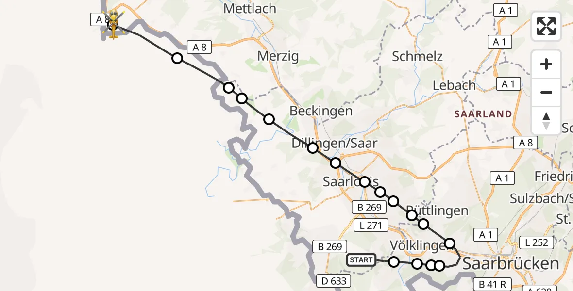 Flugroute Rettungshubschrauber Wadgassen - Perl, 27 Februar 2026, 08:57