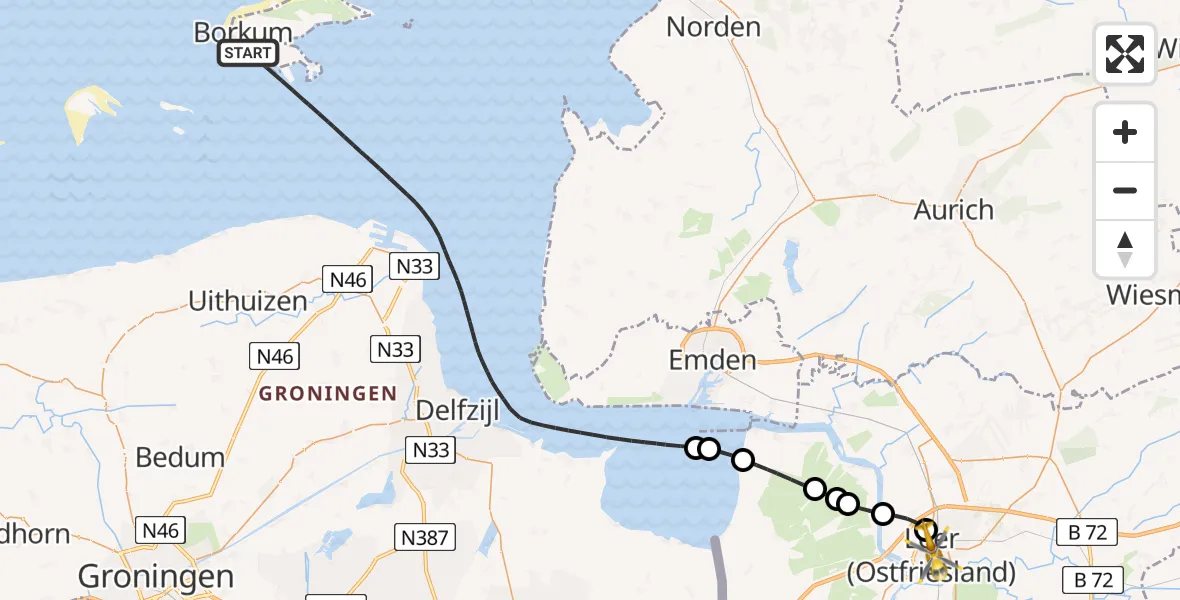 Flugroute Ambulanzhubschrauber Noordzee - Leer (Ostfriesland), 27 Februar 2026, 09:11