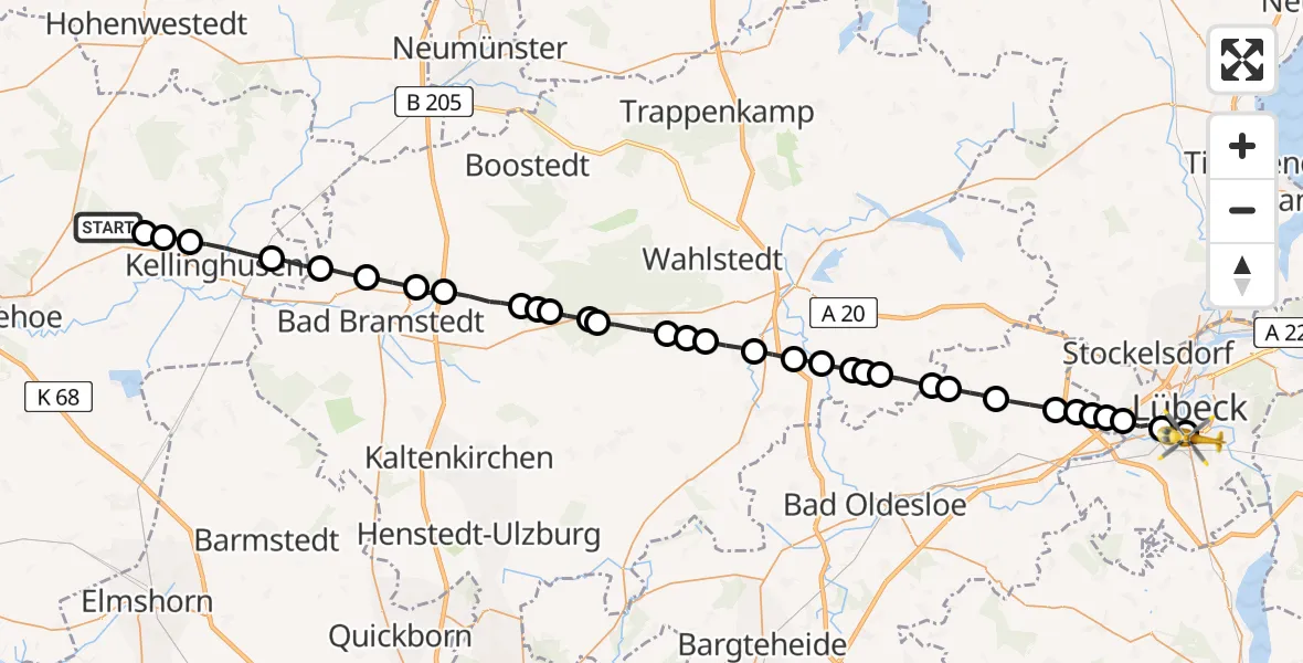 Flugroute Rettungshubschrauber Springhoe - Sankt Jürgen, 27 Februar 2026, 09:20