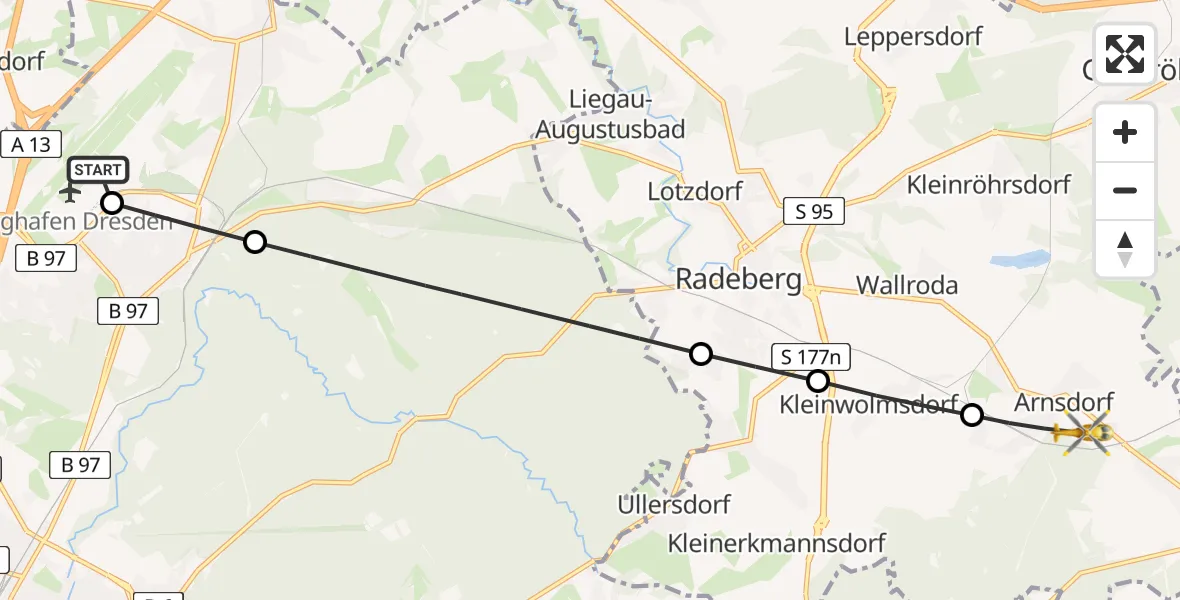 Flugroute Rettungshubschrauber Dresden Airport - Arnsdorf, 27 Februar 2026, 09:21