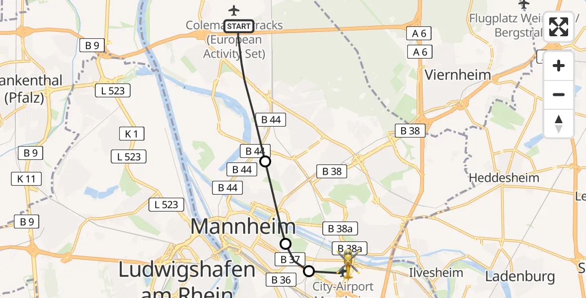 Flugroute Rettungshubschrauber Mannheim - Mannheim-City Airport, 27 Februar 2026, 09:24