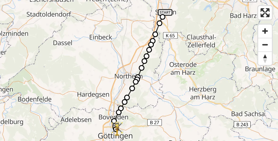 Flugroute Rettungshubschrauber Seesen - Göttingen University Clinic Heliport, 27 Februar 2026, 09:26