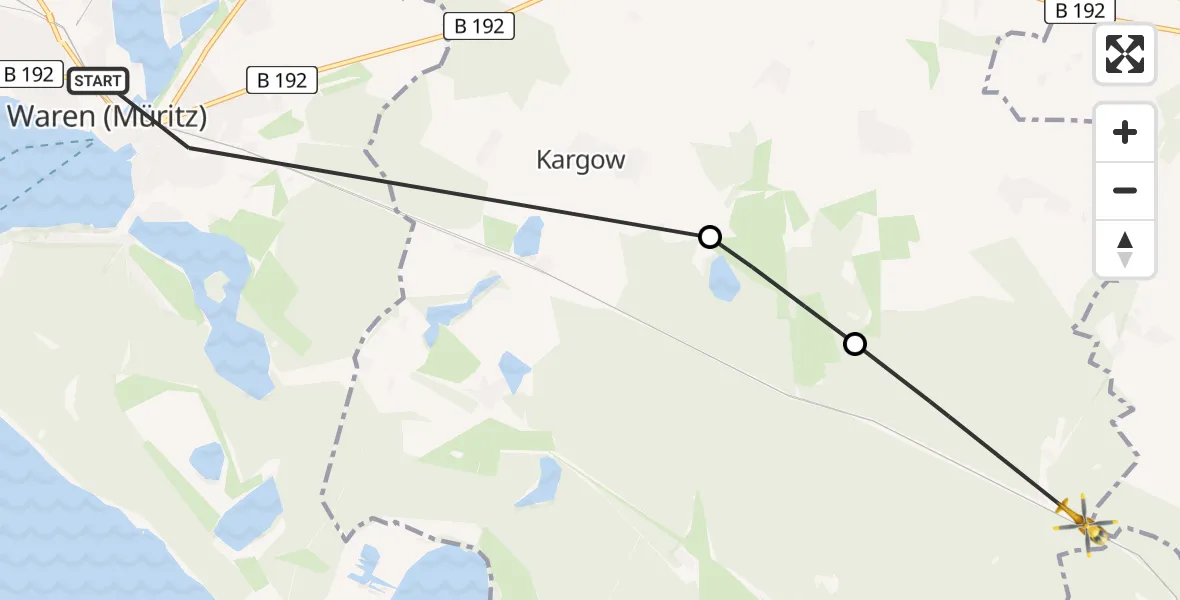 Flugroute Rettungshubschrauber Waren (Müritz) - Groß Dratow, 27 Februar 2026, 09:29