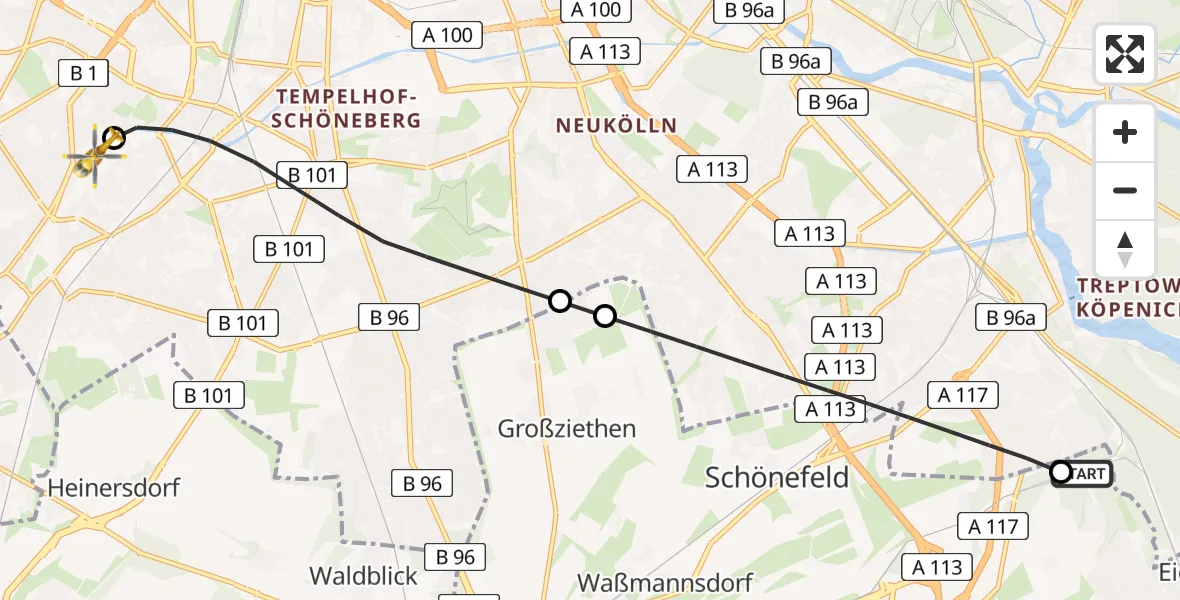 Flugroute Rettungshubschrauber Waltersdorf - Charité Clinic Benjamin Franklin Campus Heliport, 27 Februar 2026, 09:39