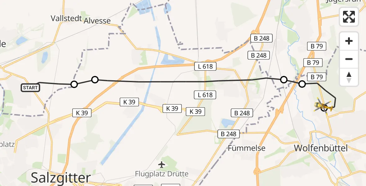 Flugroute Rettungshubschrauber Lengede - Wolfenbüttel Municipal Hospital Heliport (Christoph 30), 27 Februar 2026, 09:41
