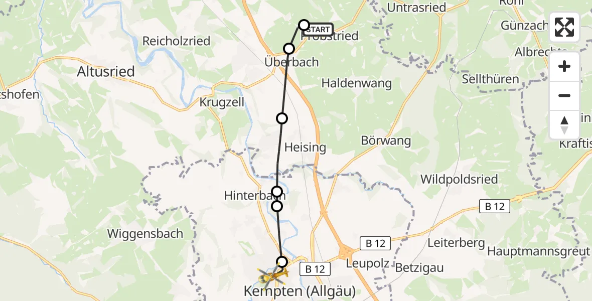 Flugroute Rettungshubschrauber Probstried - Kempten (Allgäu), 27 Februar 2026, 09:44
