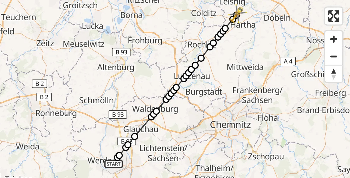 Flugroute Rettungshubschrauber Zwickau - Gersdorf, 27 Februar 2026, 09:45