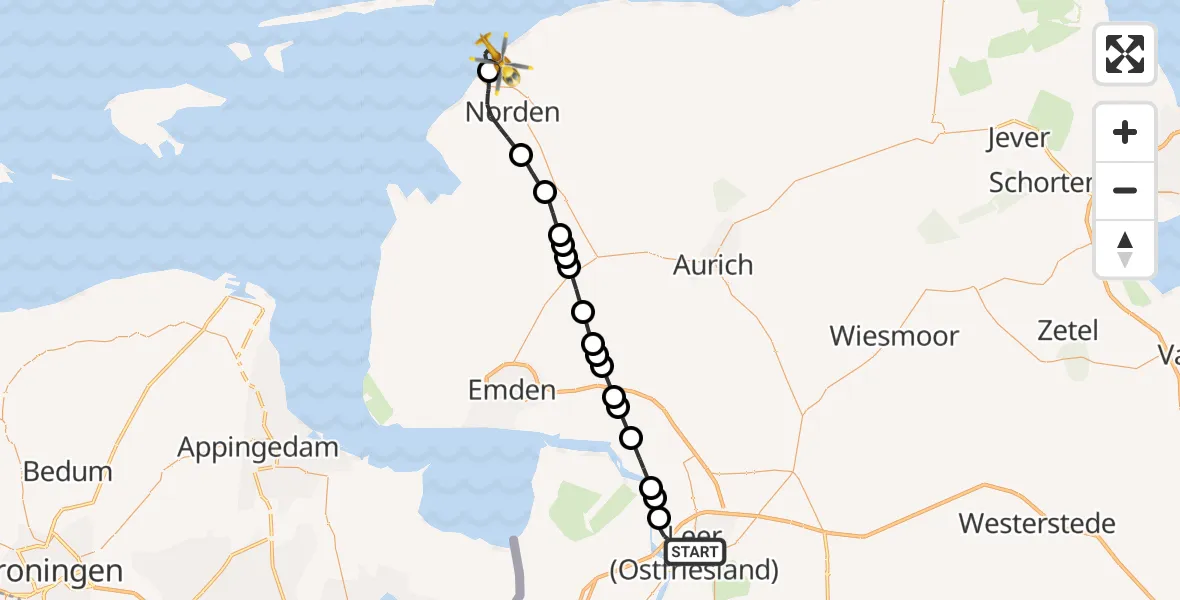 Flugroute Ambulanzhubschrauber Leer (Ostfriesland) - Norden-Norddeich Airport, 27 Februar 2026, 09:56