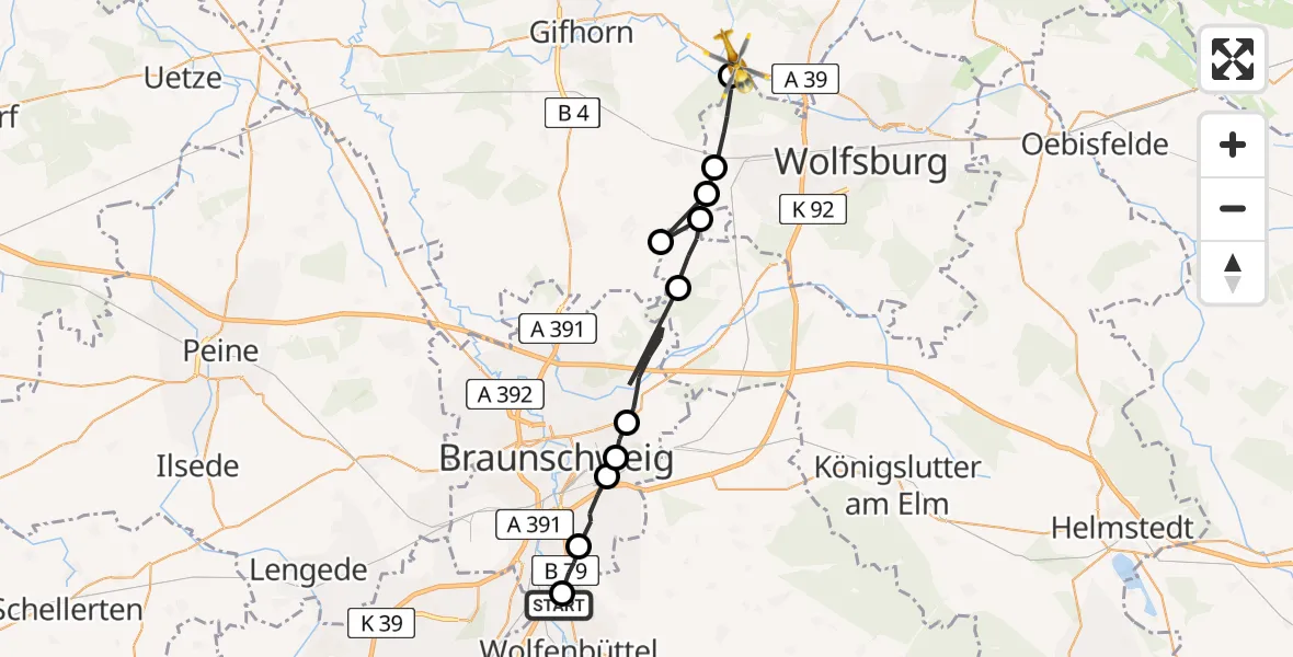 Flugroute Rettungshubschrauber Wolfenbüttel - Osloß, 27 Februar 2026, 10:12