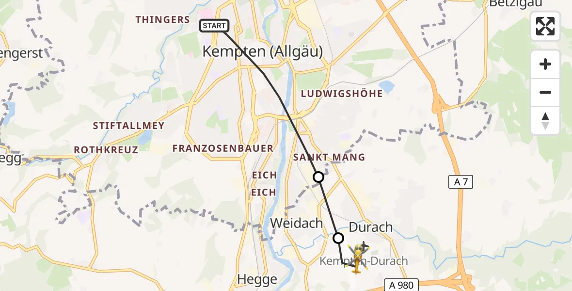 Flugroute Rettungshubschrauber Kempten (Allgäu) - Kempten-Durach Airfield, 27 Februar 2026, 10:16
