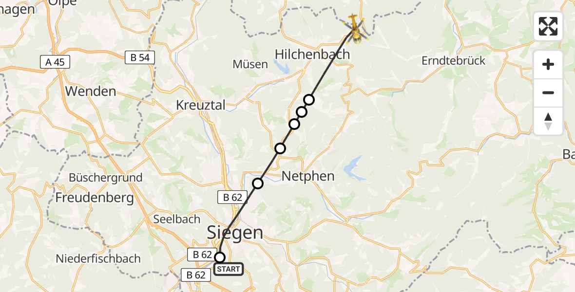 Routekaart van de vlucht: Rettungshubschrauber nach Hilchenbach, Ferndorfstraße