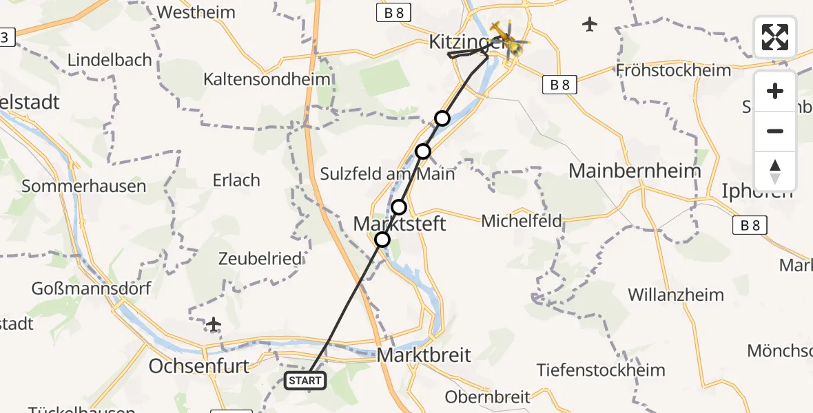 Flugroute Rettungshubschrauber Frickenhausen am Main - Kitzingen, 27 Februar 2026, 10:17