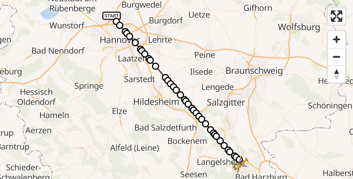 Flugroute Ambulanzhubschrauber Hannover Airport - Goslar, 27 Februar 2026, 10:20