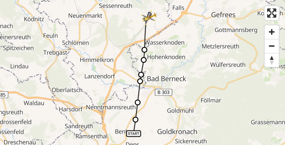 Flugroute Rettungshubschrauber Deps - Marktschorgast, 27 Februar 2026, 10:30