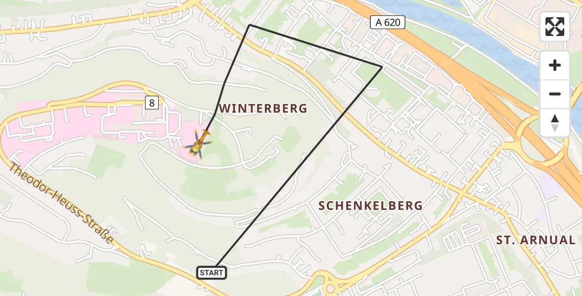 Flugroute Rettungshubschrauber Saarbrücken - Saarbrücken, 27 Februar 2026, 10:38