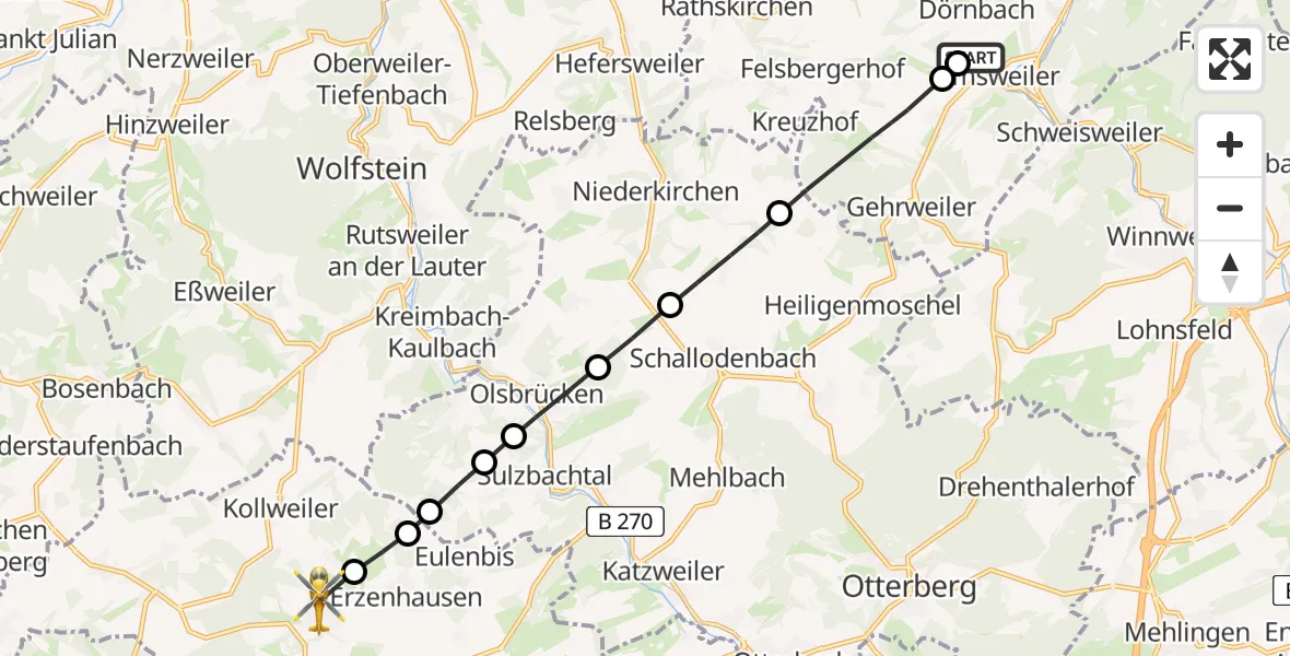 Flugroute Rettungshubschrauber Imsweiler UL - Schwedelbach, 27 Februar 2026, 10:39