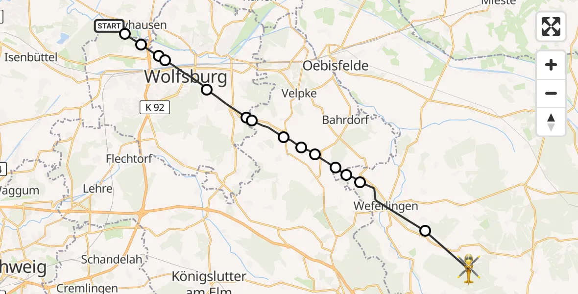 Routekaart van de vlucht: Rettungshubschrauber nach Erxleben, K 1148