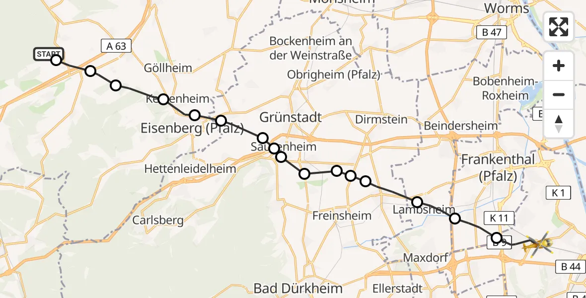 Routekaart van de vlucht: Rettungshubschrauber nach Ludwigshafen Accident Hospital Heliport