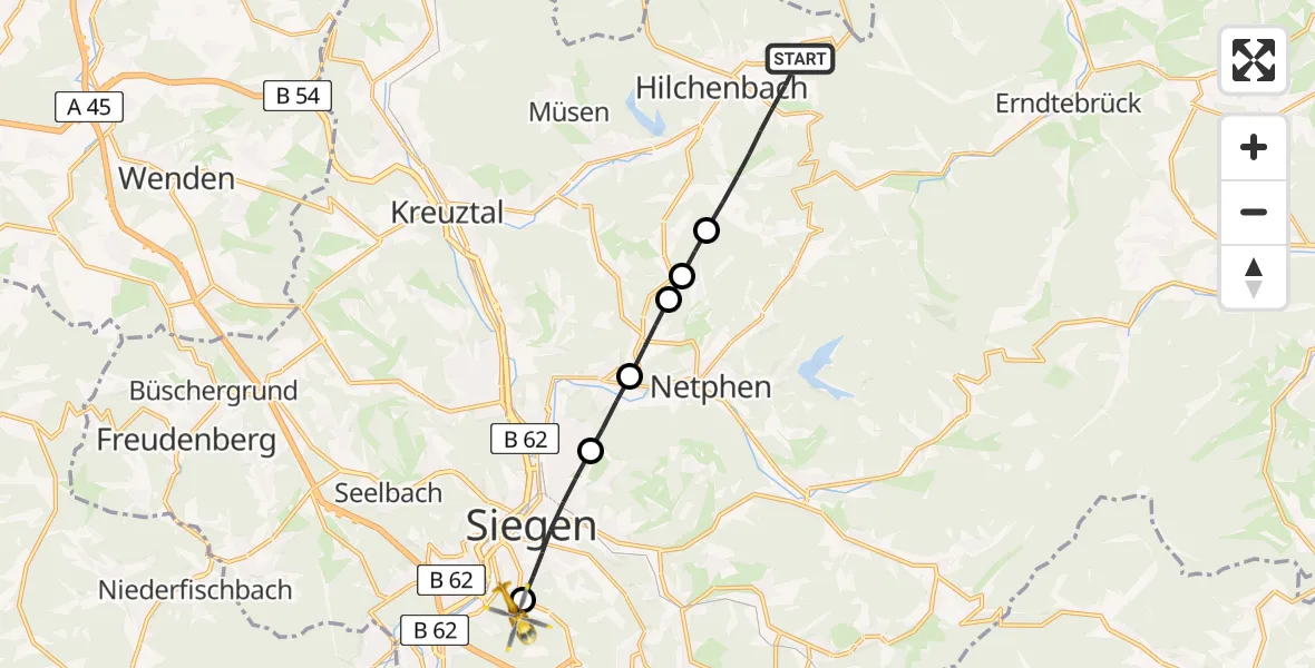 Flugroute Rettungshubschrauber Hilchenbach - Evangelisches Jung-Stilling Hospital Helipad, 27 Februar 2026, 10:53